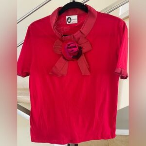 Vintage LANVIN Red Short Sleeve Top with Floral Accent
